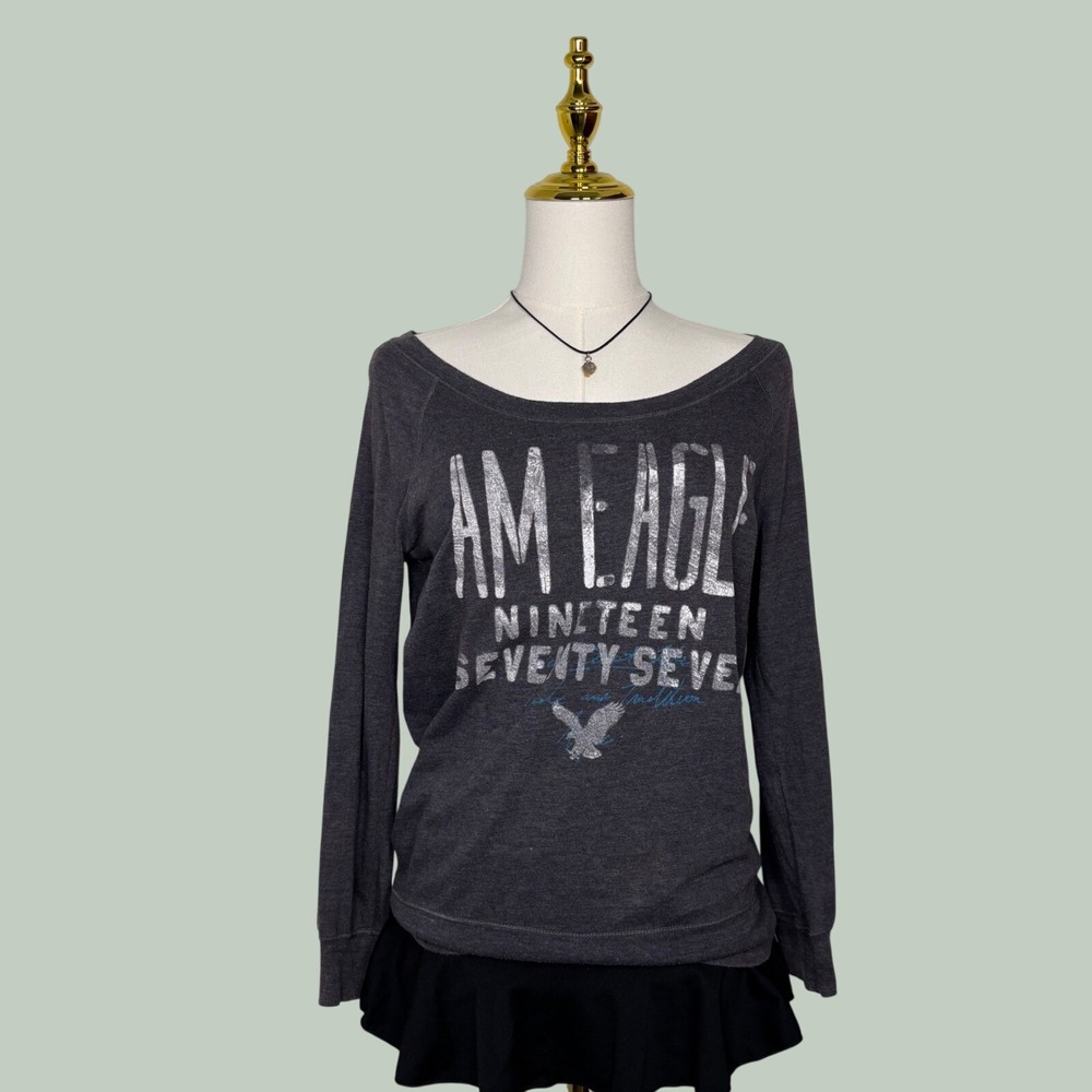 american eagle outfitters am eagle 1977 gray long sleeve tee sweater y2k grunge